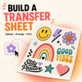 KMJ CREATIONS custom DTF transfer sheet featuring colorful retro-style stickers like a smiley face, rainbow, and heart.