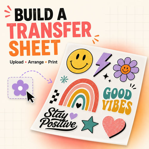 KMJ CREATIONS custom DTF transfer sheet featuring colorful retro-style stickers like a smiley face, rainbow, and heart.
