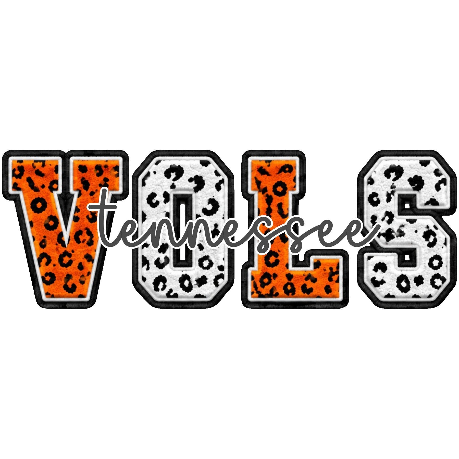 KMJ CREATIONS Tennessee Vols varsity letter graphic with orange and white leopard print patterns on a white background