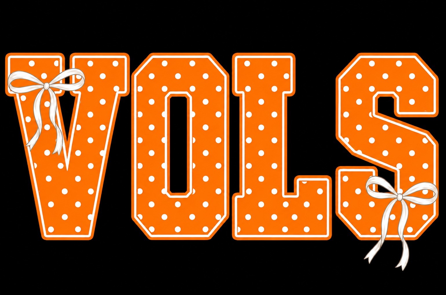KMJ CREATIONS orange VOLS graphic with white polka dots and hand-drawn white bows for game day fan apparel